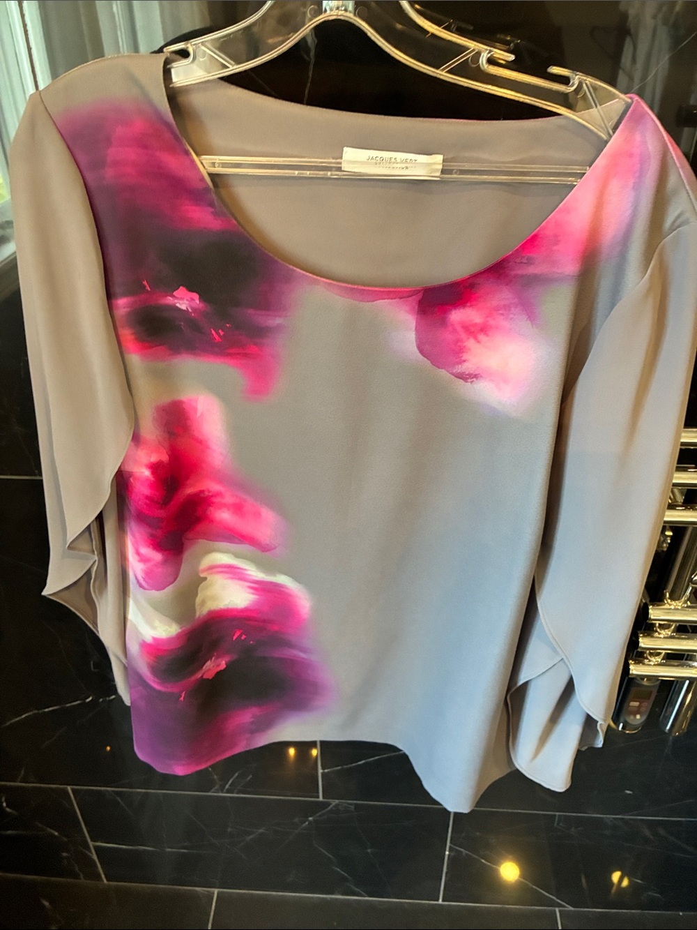Jacques Vert Gray Blouse with Pink Watercolor Floral